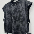 Unisex Black Distressed Pearl-Studded Cropped Sleeveless Top