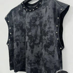 Unisex Black Distressed Pearl-Studded Cropped Sleeveless Top
