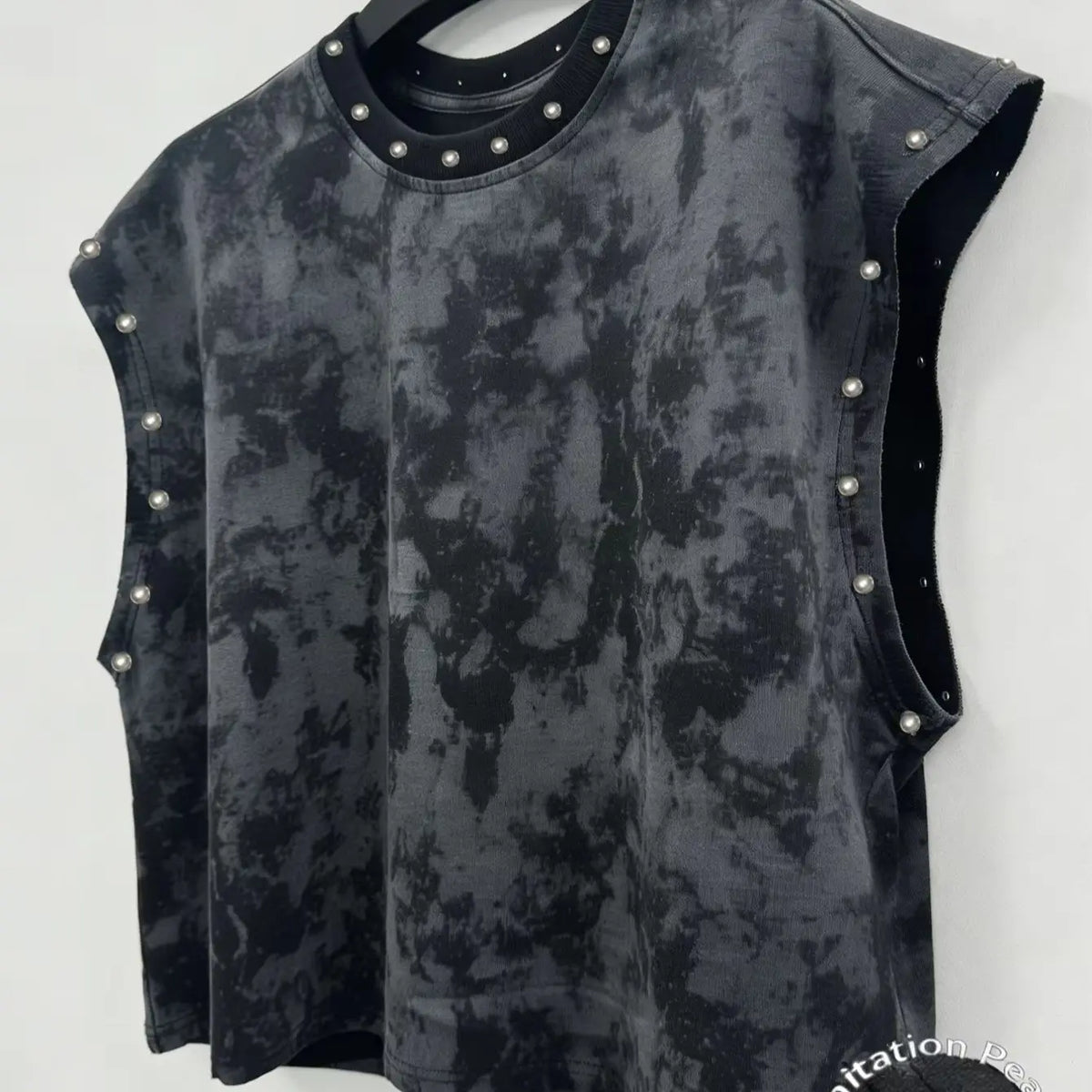 Unisex Black Distressed Pearl-Studded Cropped Sleeveless Top