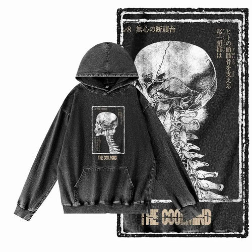 Acid-Washed Black Printed Cotton Pullover Hoodie