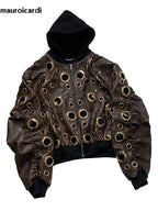 Men’s Oversized Hooded Faux-Leather Eyelet Jacket