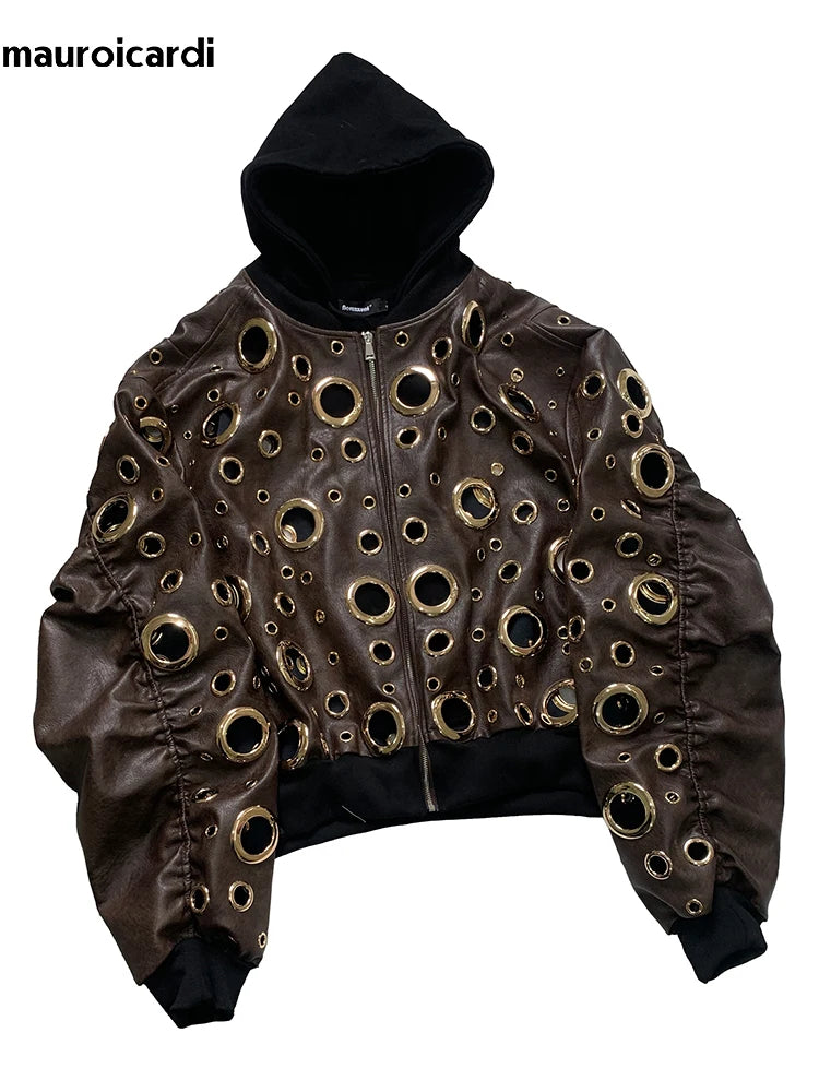 Men’s Oversized Hooded Faux-Leather Eyelet Jacket