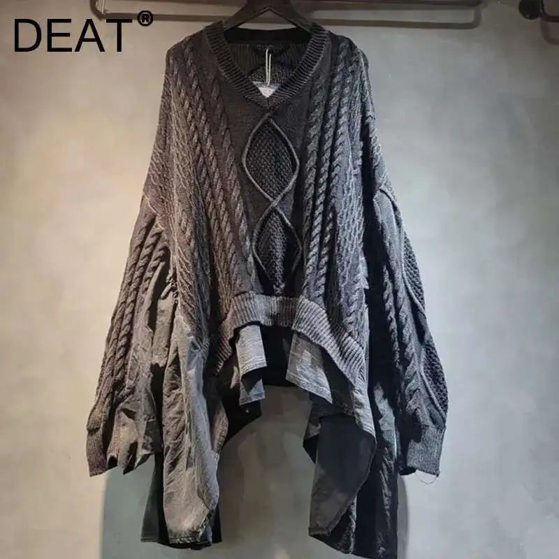 Women's Cable-Knit V-Neck Patchwork Sweater