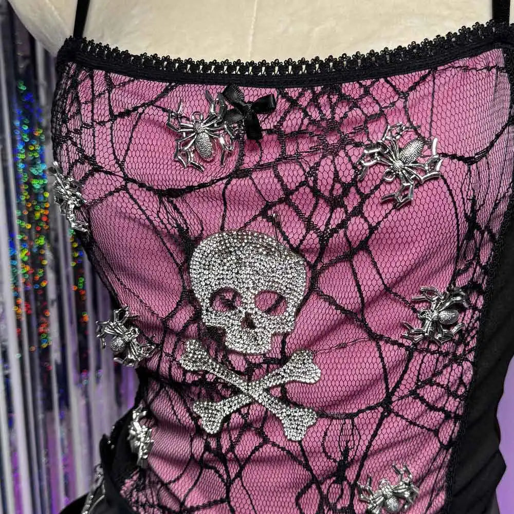 Spider Web Skull Halter Crop Top