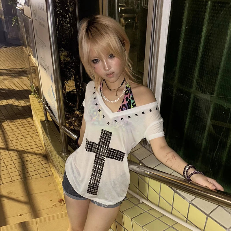 Women's Sheer V-Neck Cross Print T-Shirt