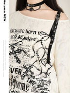 Women’s Distressed Graphic Off-Shoulder Long-Sleeve T-Shirt