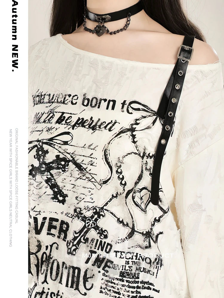 Women’s Distressed Graphic Off-Shoulder Long-Sleeve T-Shirt