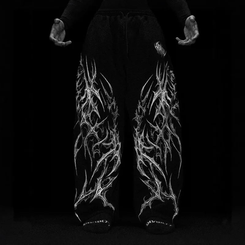 Grunge Wide-Leg Graphic Sweatpants with Drawstring Waist