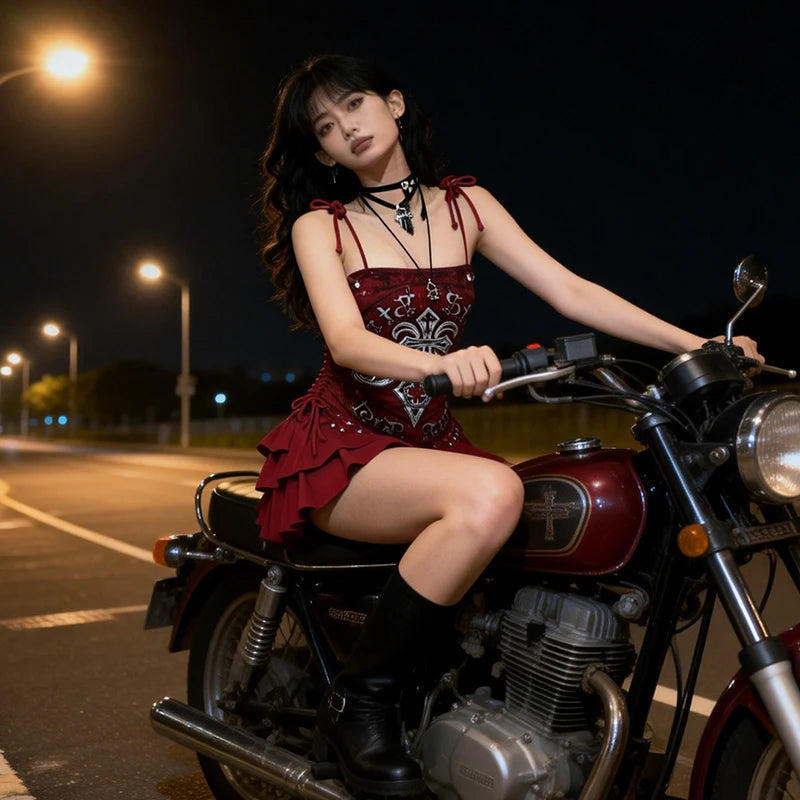 Red Gothic Print Lace-Up Camisole Mini Dress