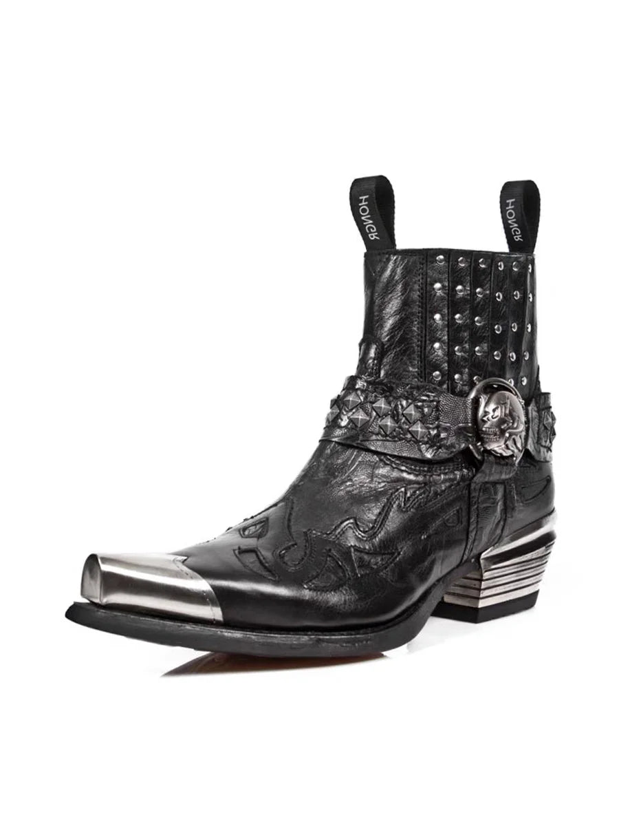 Black Studded Western Boots with Metallic Toe and Skull Buckle