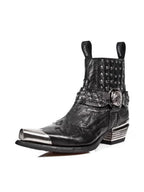 Black Studded Western Boots with Metallic Toe and Skull Buckle