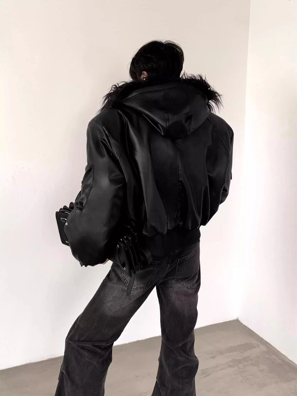 Black Faux Leather Hooded Jacket with Faux-Fur Trim