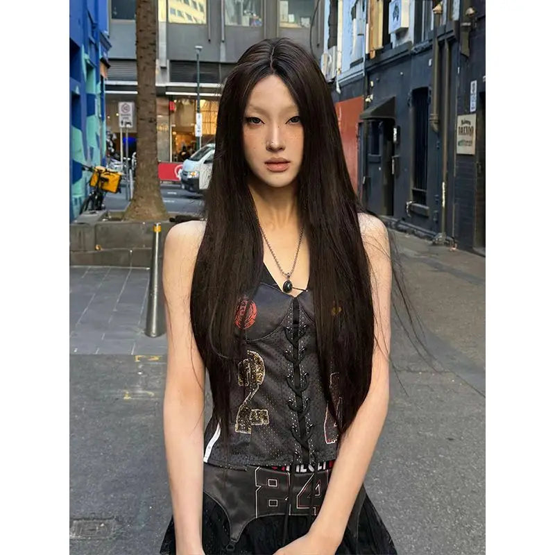 Black Graphic Lace-Up Halter Camisole Top