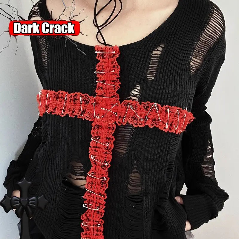 Women's Distressed Knit Sweater with Lace-Up Safety-Pin Cross Detail