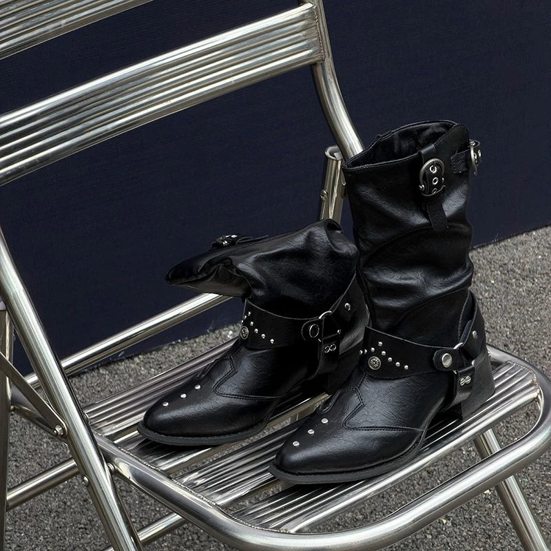 Women's Black Studded Buckle Mid-Calf Boots