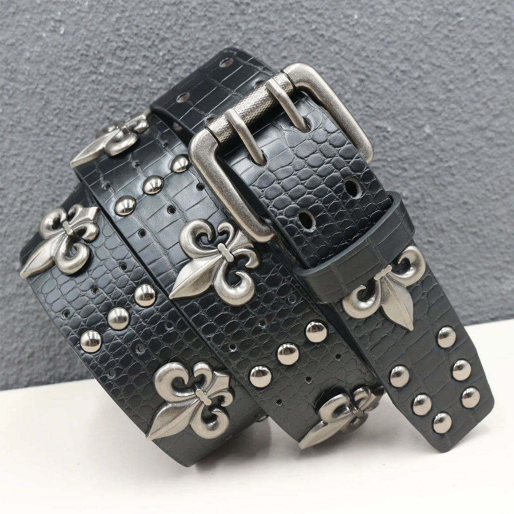 Crocodile-Embossed PU Belt with Fleur-de-Lis Rivets and Double Buckle