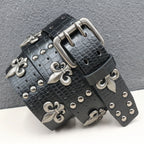 Crocodile-Embossed PU Belt with Fleur-de-Lis Rivets and Double Buckle