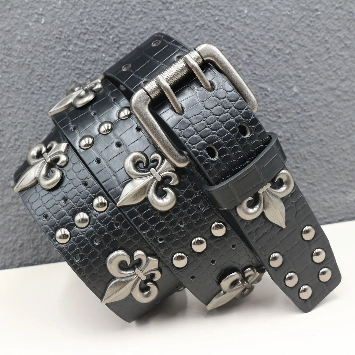 Crocodile-Embossed PU Belt with Fleur-de-Lis Rivets and Double Buckle