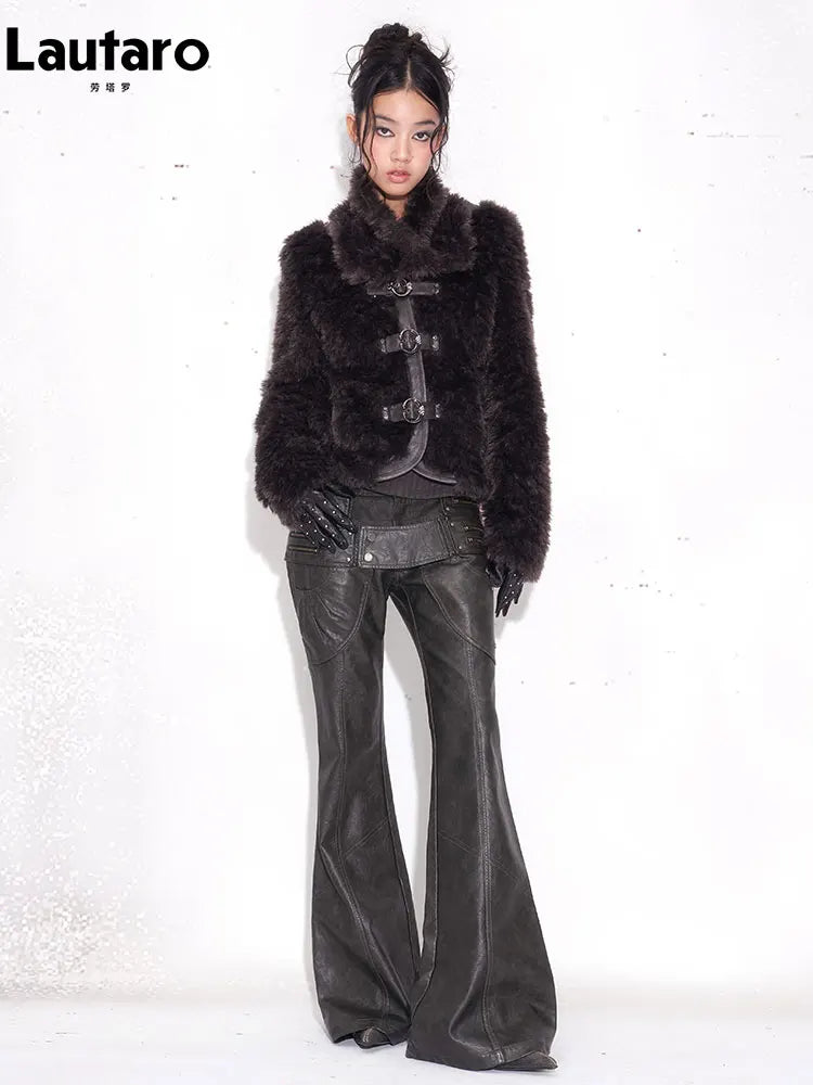 Black-Gray Faux Leather High-Waist Flare Pants