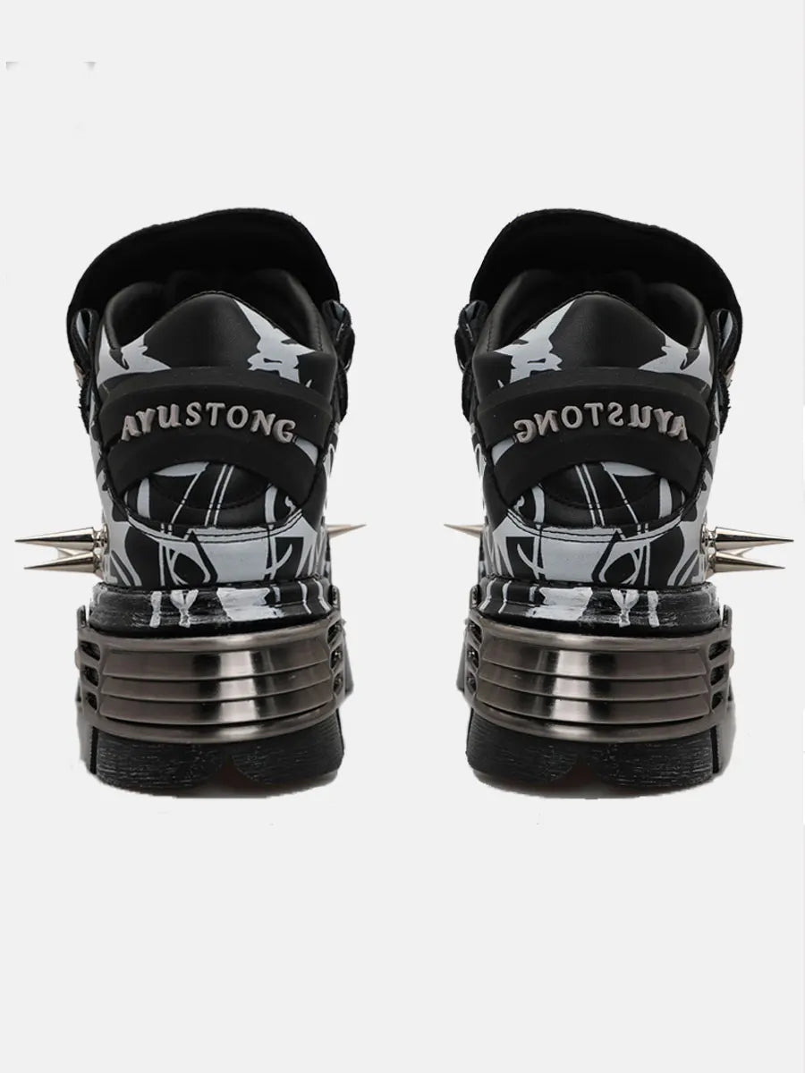 Black Graffiti Rivet Platform Shoes with Spikes