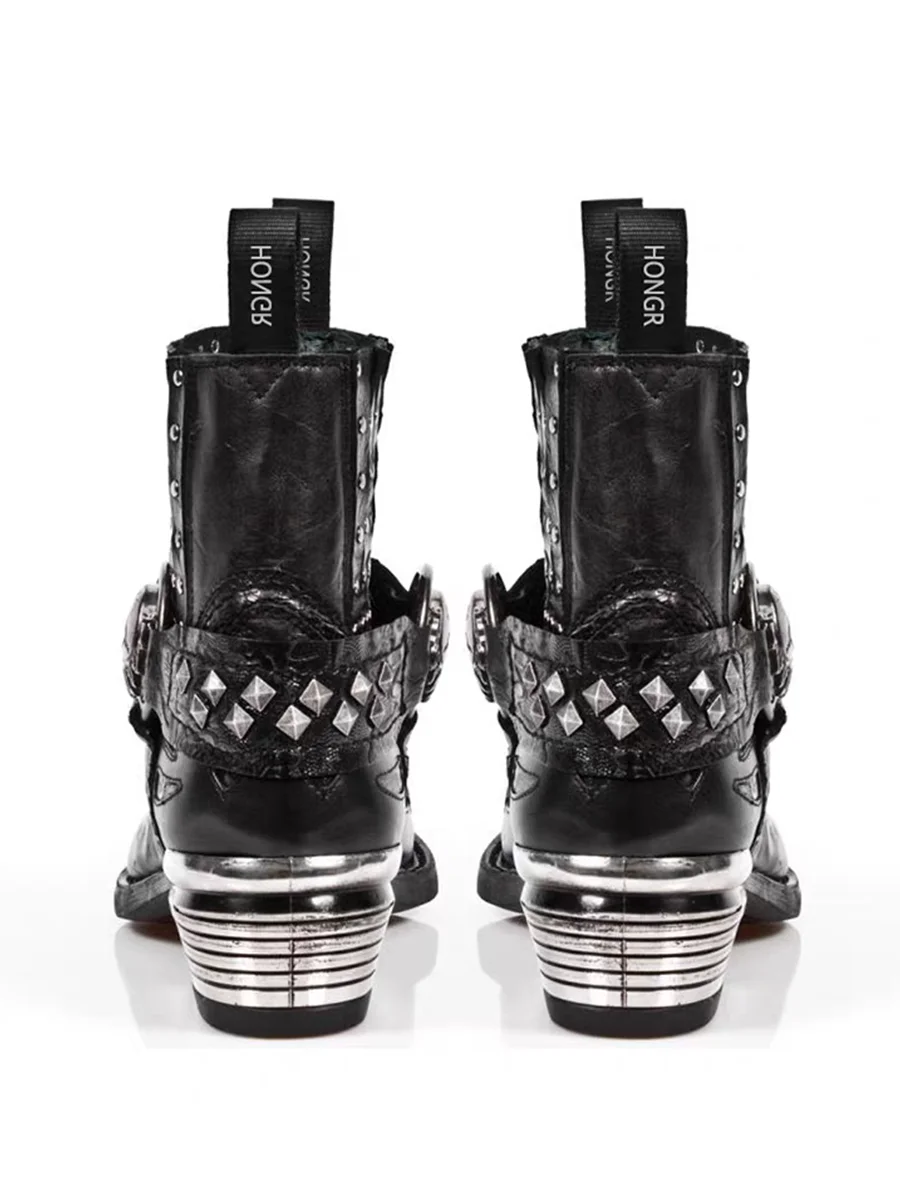Black Studded Western Boots with Metallic Toe and Skull Buckle
