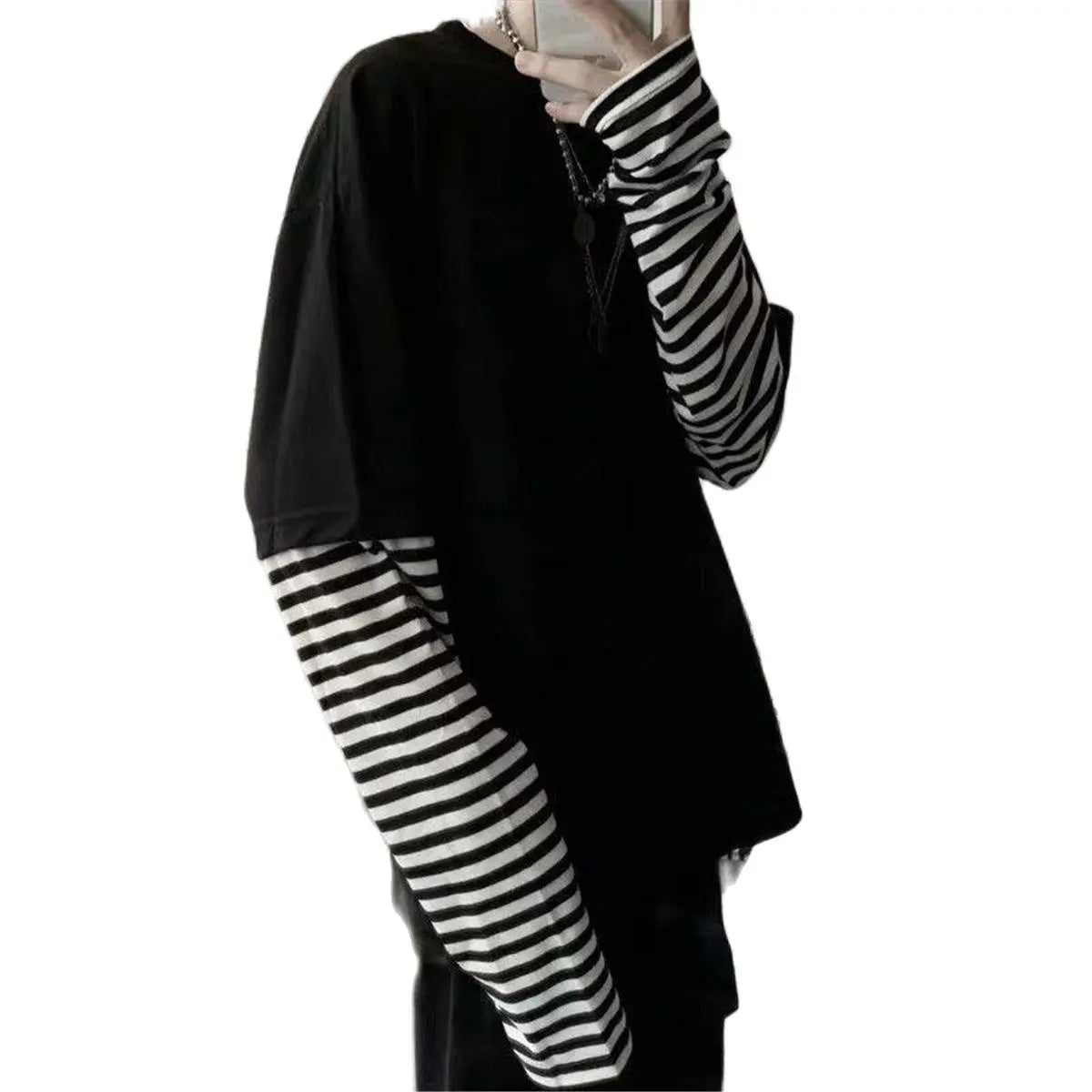 Men's Black and White Striped Layered Long-Sleeve T-Shirt