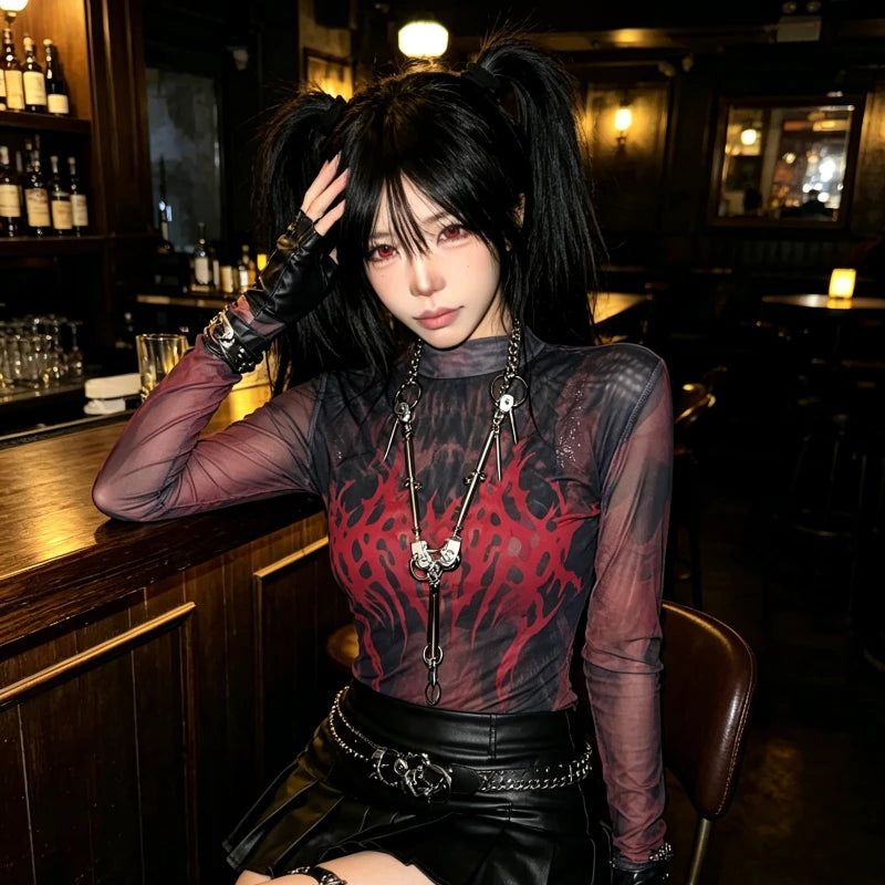 Women's Gothic Sheer Mesh Long-Sleeve Top with Red Graphic Print