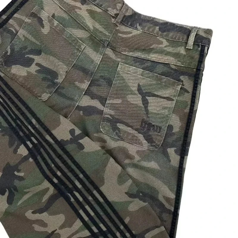 Camouflage Wide-Leg Jeans with Embroidered Side Stripes