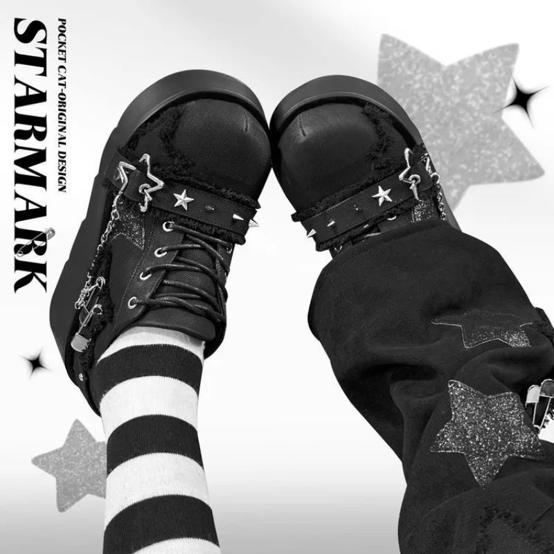 Star-Print Platform Ankle Boots with Chain Detail
