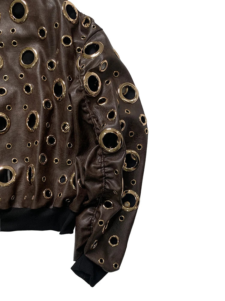 Men’s Oversized Hooded Faux-Leather Eyelet Jacket