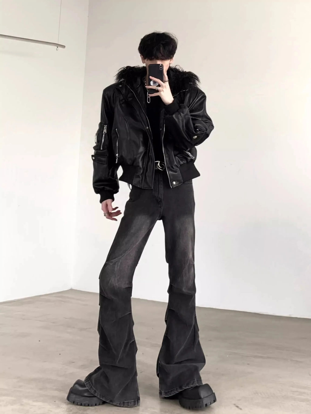 Black Faux Leather Hooded Jacket with Faux-Fur Trim