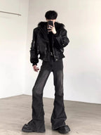 Black Faux Leather Hooded Jacket with Faux-Fur Trim