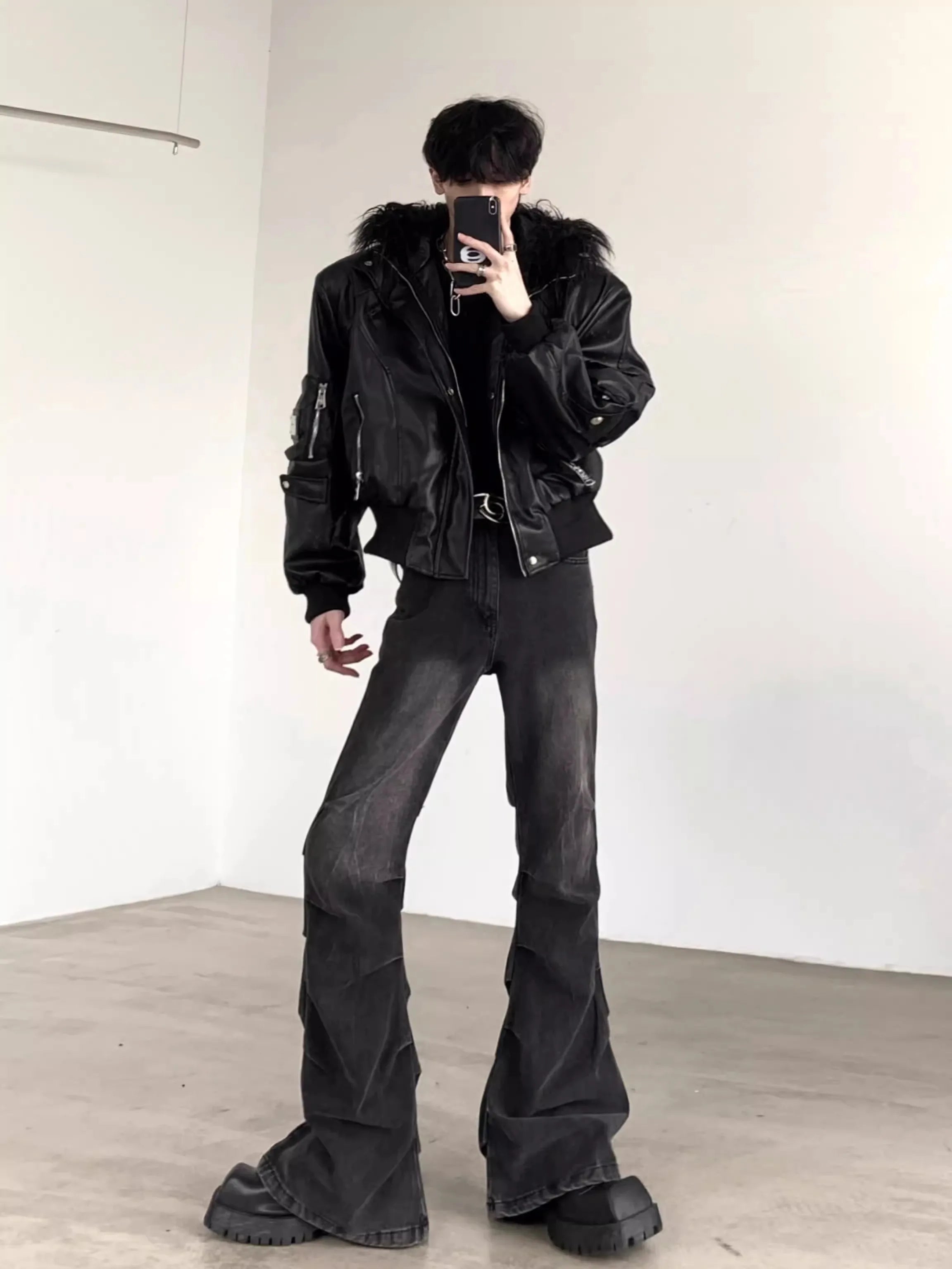Black Faux Leather Hooded Jacket with Faux-Fur Trim