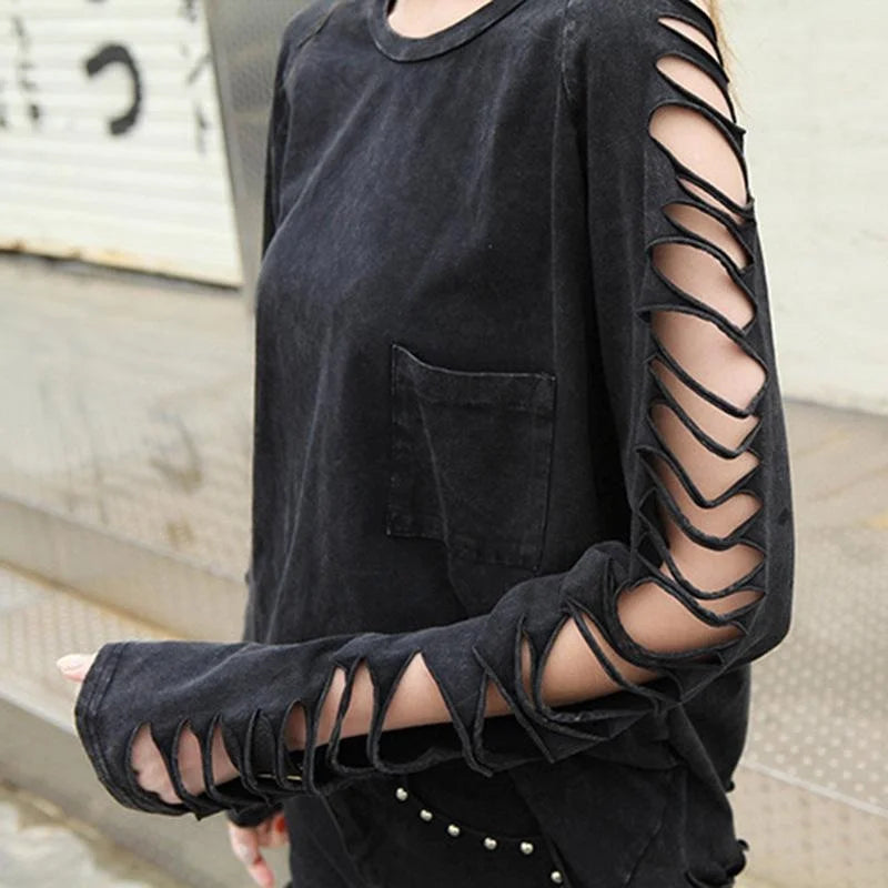 Black Distressed Long-Sleeve Top with Cutout Sleeves