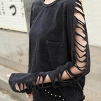 Black Distressed Long-Sleeve Top with Cutout Sleeves