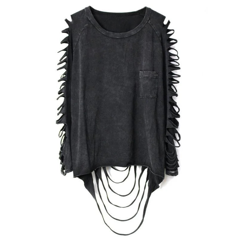 Black Distressed Long-Sleeve Top with Cutout Sleeves