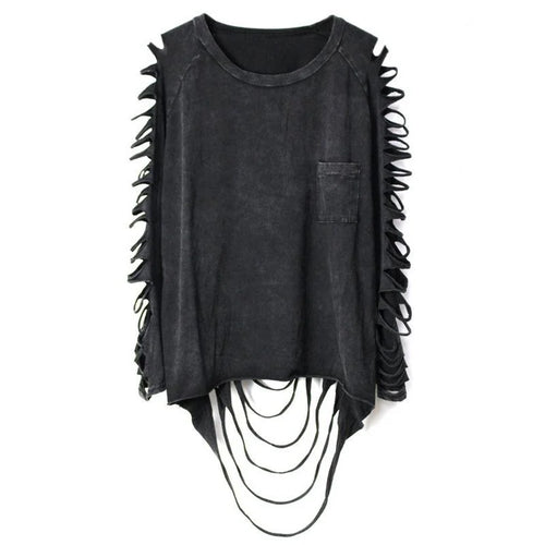 Black Distressed Long-Sleeve Top with Cutout Sleeves