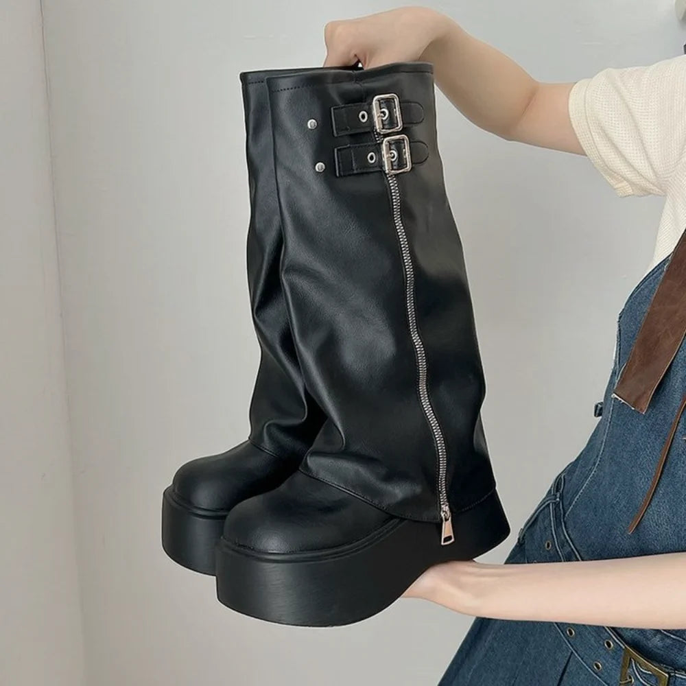 Black Platform Knee-High Boots with Buckle Details