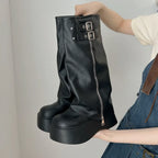 Black Platform Knee-High Boots with Buckle Details