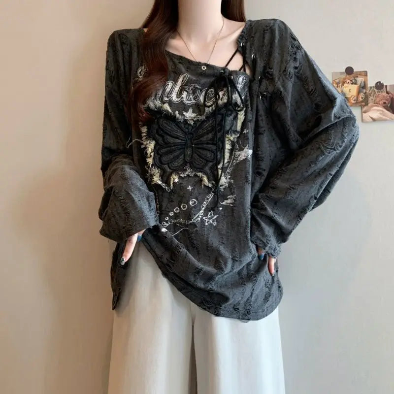 Women's Butterfly Graphic Lace-Up Long-Sleeve Top