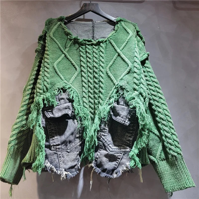 Women’s Patchwork Knit Pullover Sweater with Fringed Edges