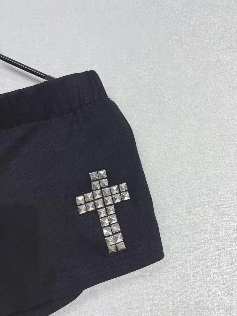 Women’s Black Low-Rise Shorts with Geometric Cross Stud Detail