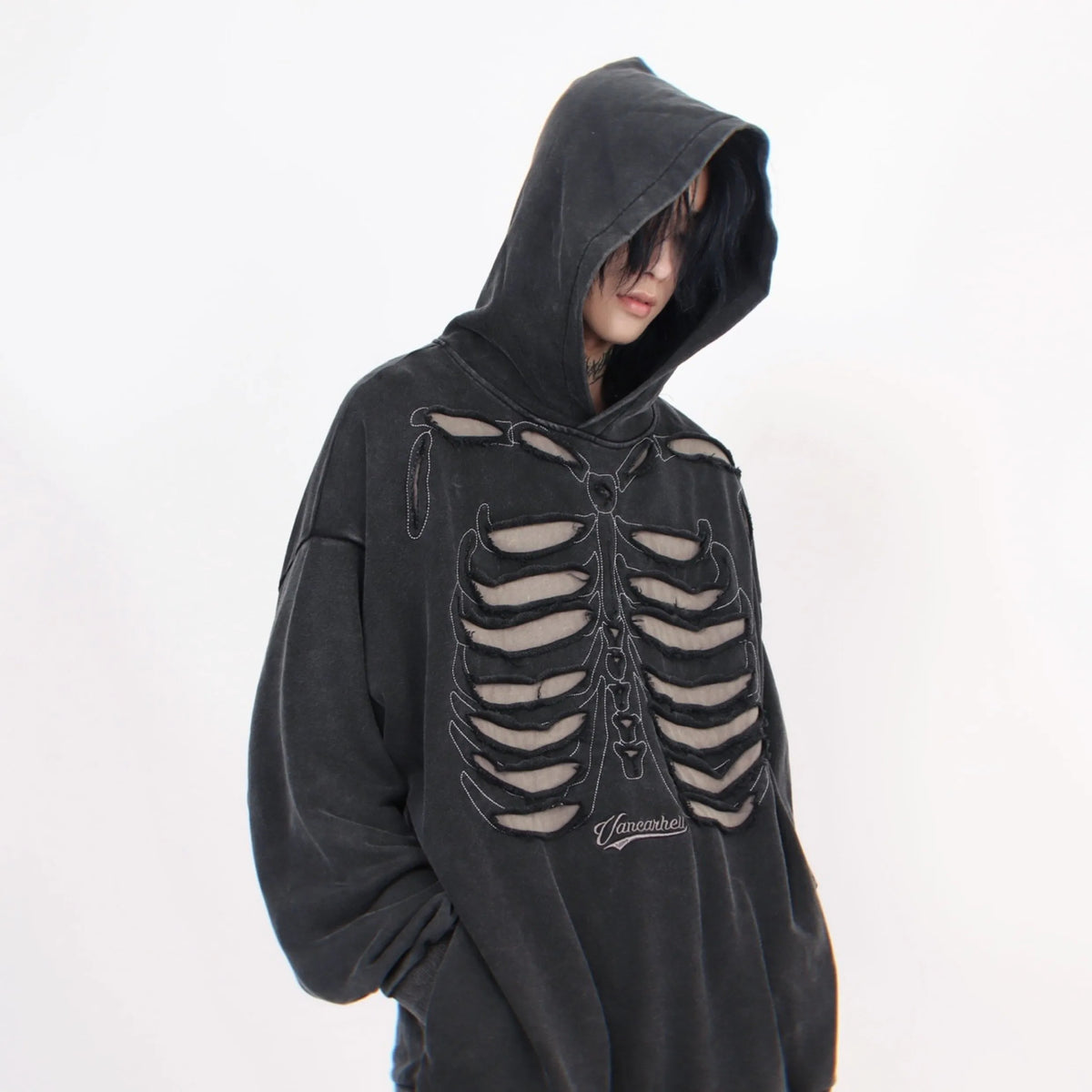 Skeleton Graphic Distressed Pullover Hoodie