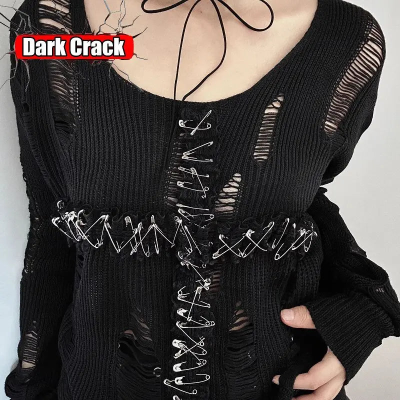 Grunge Distressed Knit Safety-Pin Sweater Top