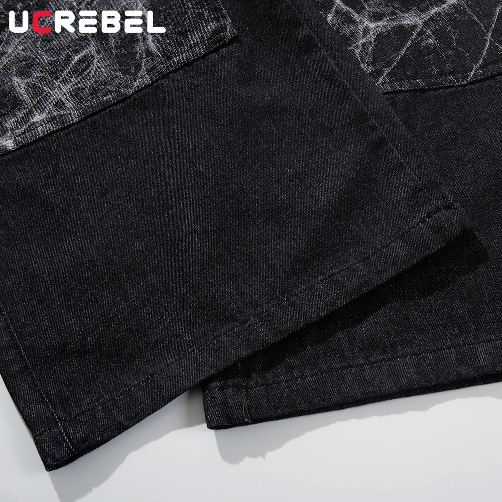 Men's Black Patchwork Wide-Leg Jeans