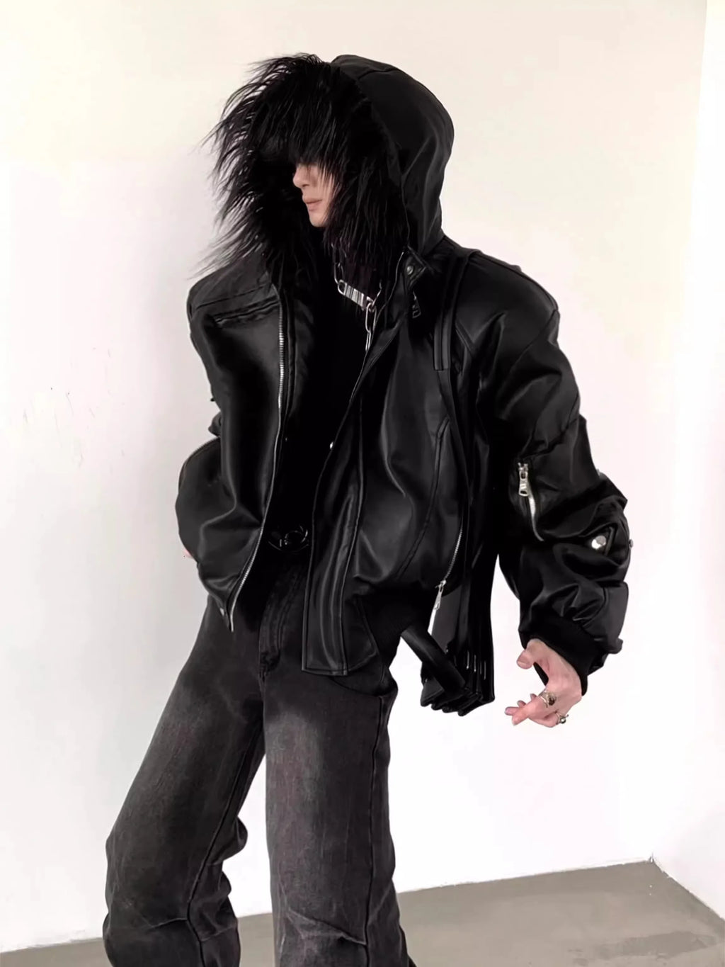 Black Faux Leather Hooded Jacket with Faux-Fur Trim