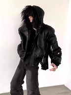 Black Faux Leather Hooded Jacket with Faux-Fur Trim