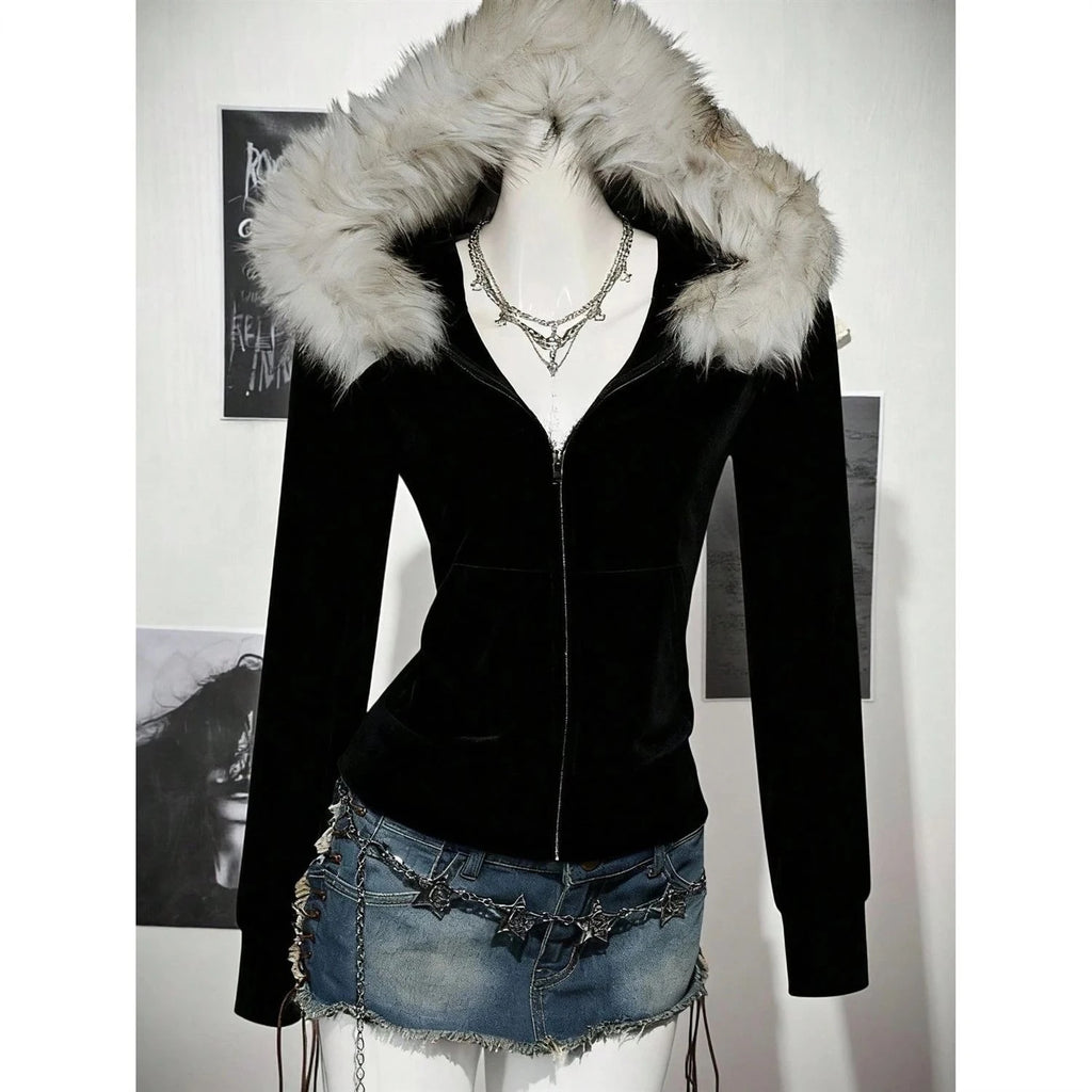 Faux Fur American Vintage Coats with Hooded Women's Y2K Sweatshirts Gothic Harajuku Subculture Punk Emo Sweatshirts and Jacket