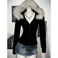 Faux Fur American Vintage Coats with Hooded Women's Y2K Sweatshirts Gothic Harajuku Subculture Punk Emo Sweatshirts and Jacket