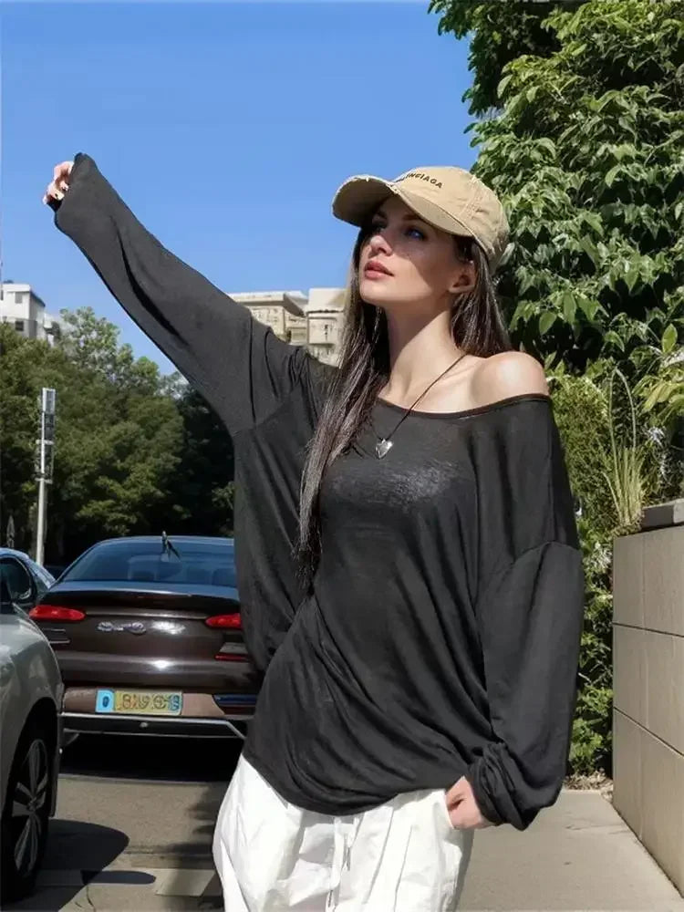 Sheer Off-Shoulder Long-Sleeve Top